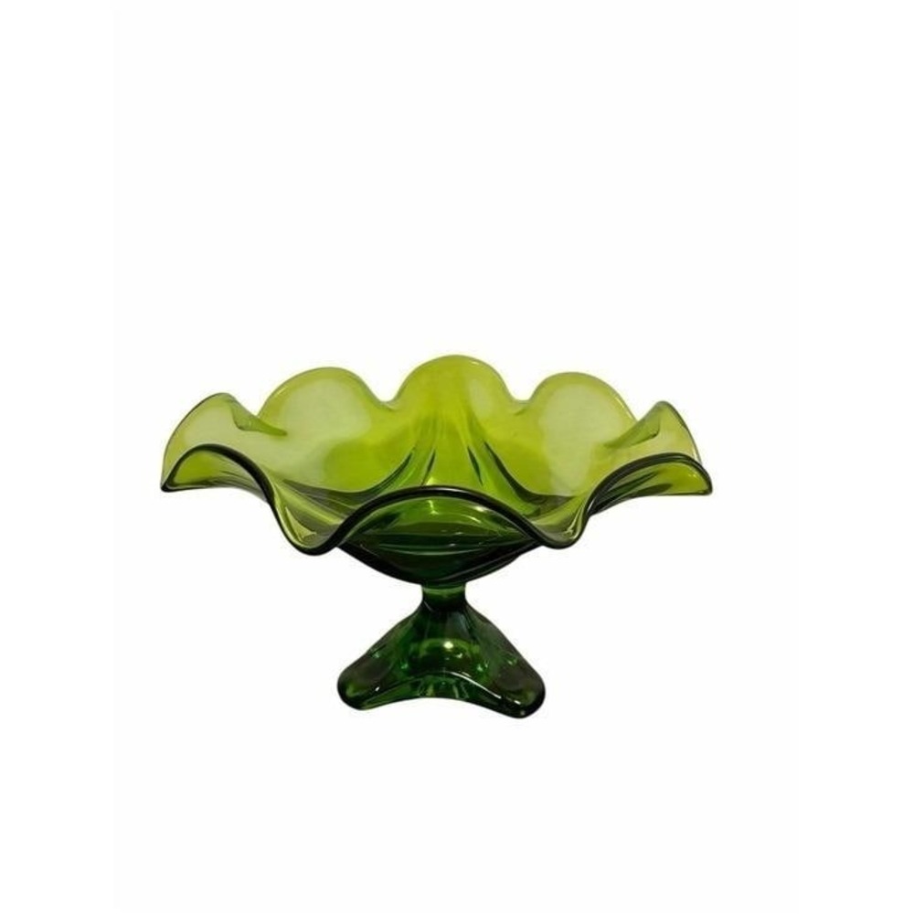 Viking Glass Compote Bowl MCM Green Art Glass Ruffled Pedestal MCM Vintage